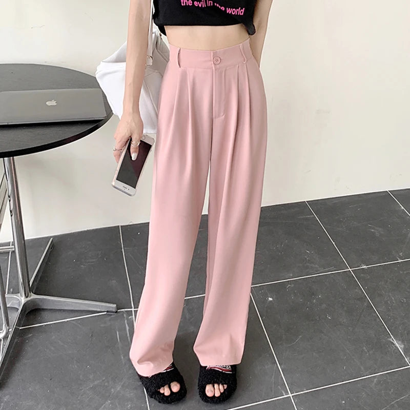 Rimocy 2023 New Straight Wide Leg Women's Pants Korean Style High Waist Pants for Women Solid Color Loose Suit Trousers Female