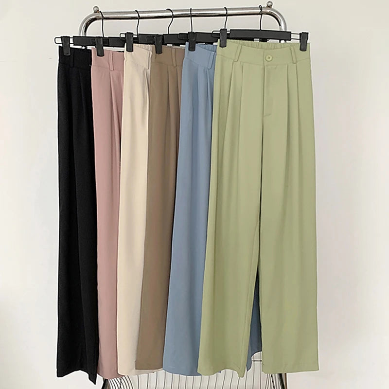 Rimocy 2023 New Straight Wide Leg Women's Pants Korean Style High Waist Pants for Women Solid Color Loose Suit Trousers Female