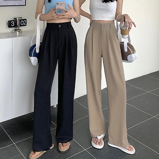 Rimocy 2023 New Straight Wide Leg Women's Pants Korean Style High Waist Pants for Women Solid Color Loose Suit Trousers Female