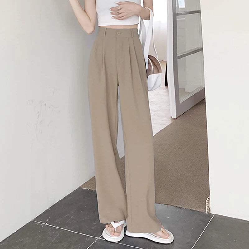 Rimocy 2023 New Straight Wide Leg Women's Pants Korean Style High Waist Pants for Women Solid Color Loose Suit Trousers Female