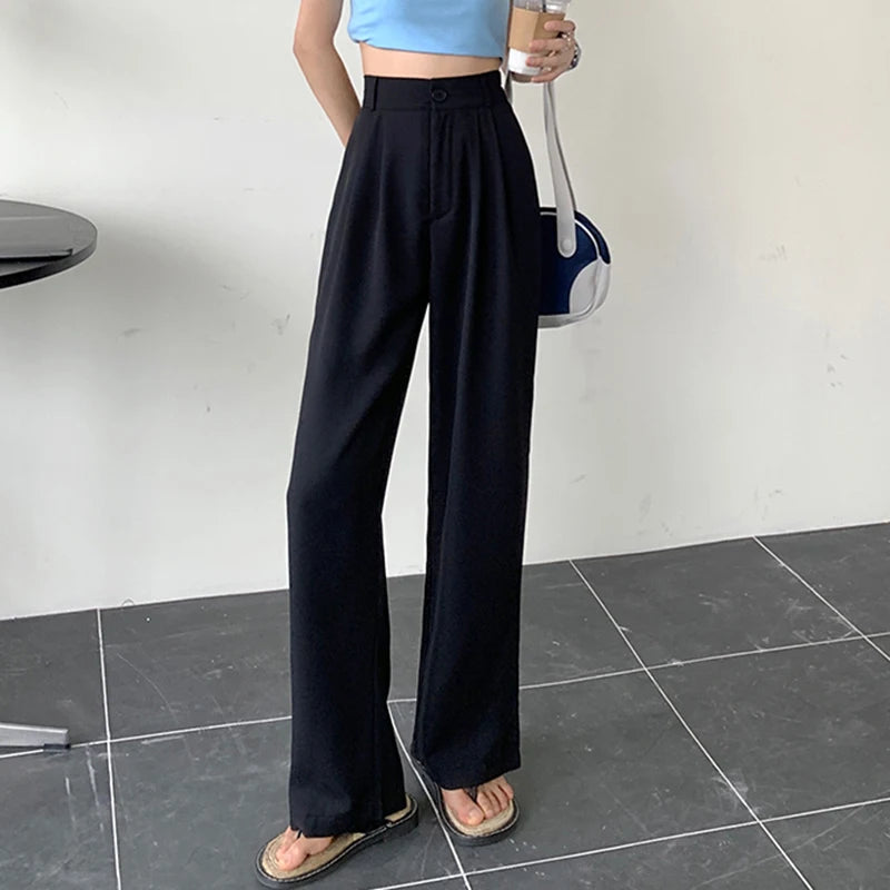 Rimocy 2023 New Straight Wide Leg Women's Pants Korean Style High Waist Pants for Women Solid Color Loose Suit Trousers Female