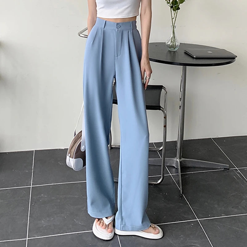 Rimocy 2023 New Straight Wide Leg Women's Pants Korean Style High Waist Pants for Women Solid Color Loose Suit Trousers Female