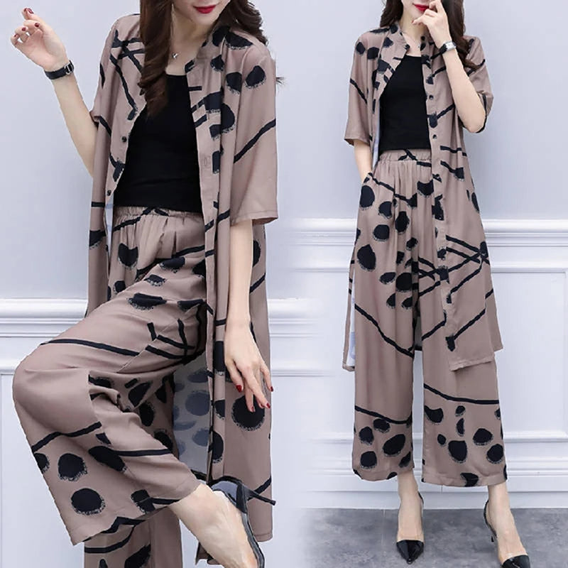 2pcs Chiffon Women Casual Set Wear Loose Suit Wide Leg Pants + Long Blouse Set  Pantalon Large Vetement Femme  Костюмы С Юбкой