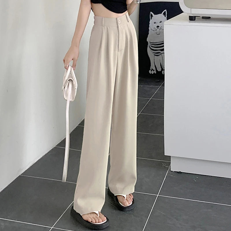 Rimocy 2023 New Straight Wide Leg Women's Pants Korean Style High Waist Pants for Women Solid Color Loose Suit Trousers Female