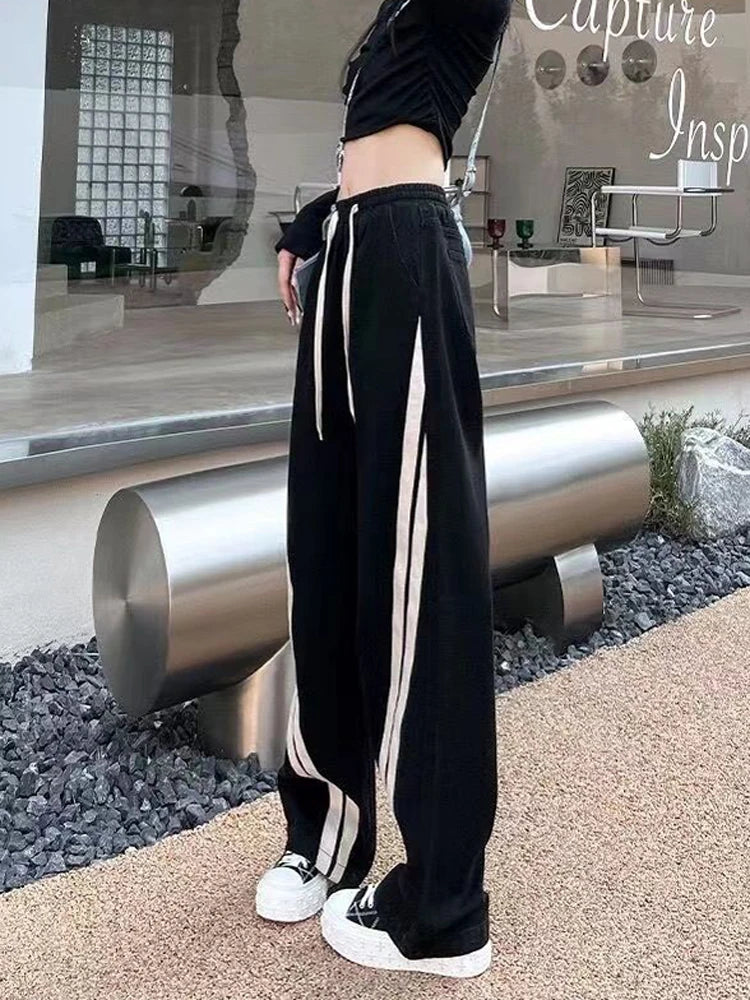 Zoki Streetwear Fashion High Waist Black Sweatpants Women Korean Lace Up Striped Casual Trousers Vintage Female Wide Leg Pants