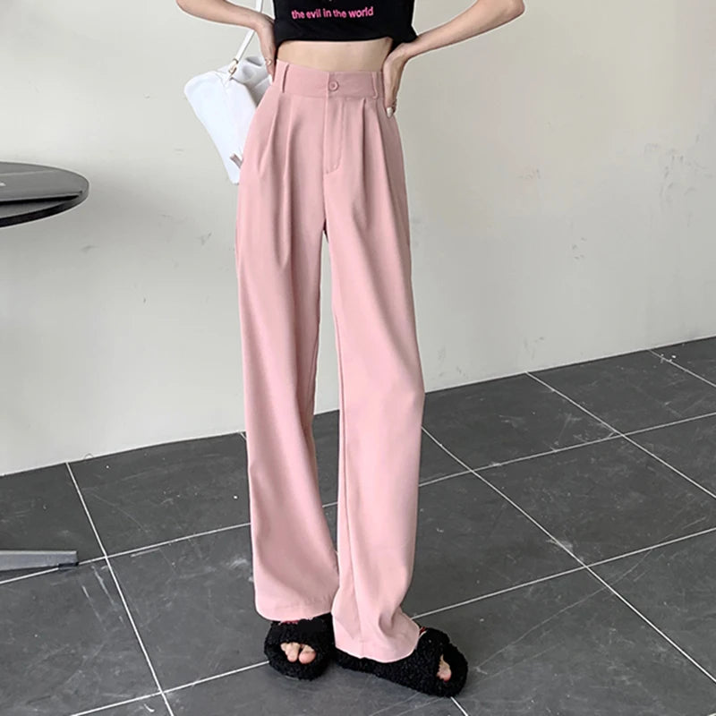 Rimocy 2023 New Straight Wide Leg Women's Pants Korean Style High Waist Pants for Women Solid Color Loose Suit Trousers Female