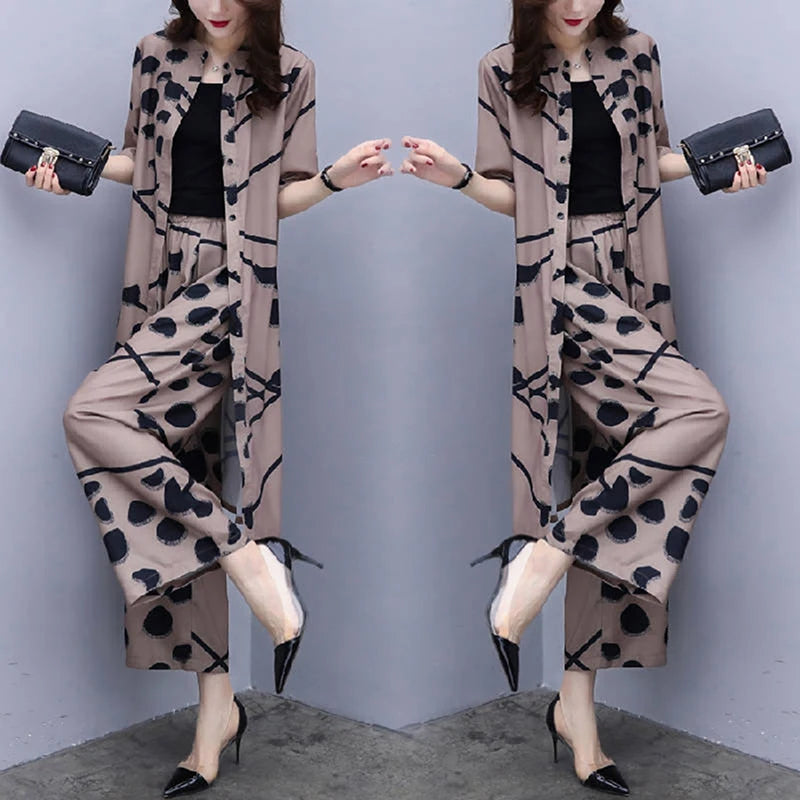 2pcs Chiffon Women Casual Set Wear Loose Suit Wide Leg Pants + Long Blouse Set  Pantalon Large Vetement Femme  Костюмы С Юбкой