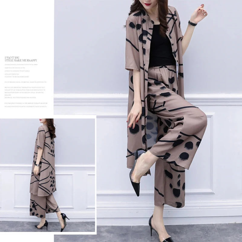 2pcs Chiffon Women Casual Set Wear Loose Suit Wide Leg Pants + Long Blouse Set  Pantalon Large Vetement Femme  Костюмы С Юбкой