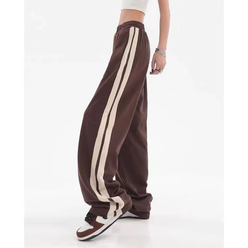 MEXZT Striped Joggers Sweatpants Bf Hip Hop Women High Waist Wide Leg Sports Pants Streetwear Drawstring Baggy Straight Trousers