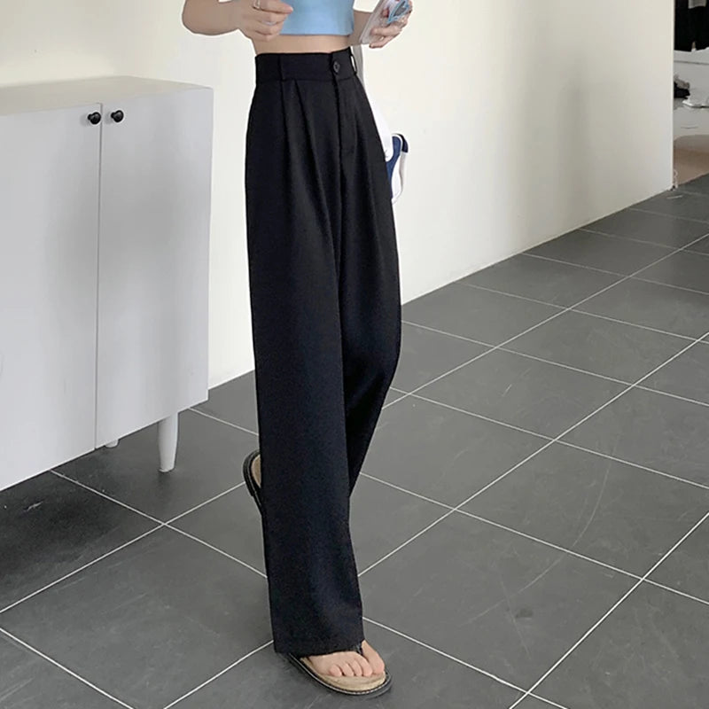 Rimocy 2023 New Straight Wide Leg Women's Pants Korean Style High Waist Pants for Women Solid Color Loose Suit Trousers Female