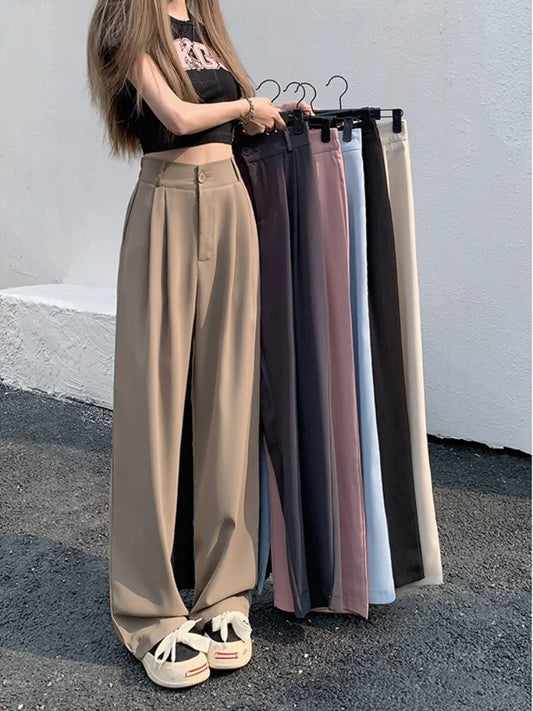 Elastic Waist Casual Pants Women's Straight Leg Pants Slim Summer 2023 New Loose High Waist Suit Wide Leg Pants