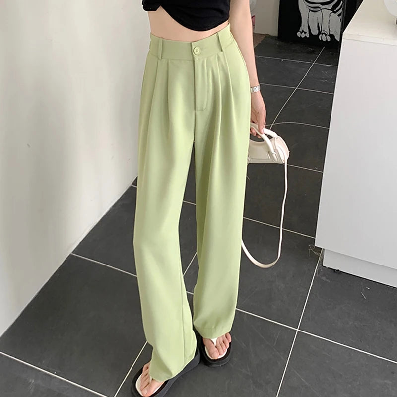 Rimocy 2023 New Straight Wide Leg Women's Pants Korean Style High Waist Pants for Women Solid Color Loose Suit Trousers Female