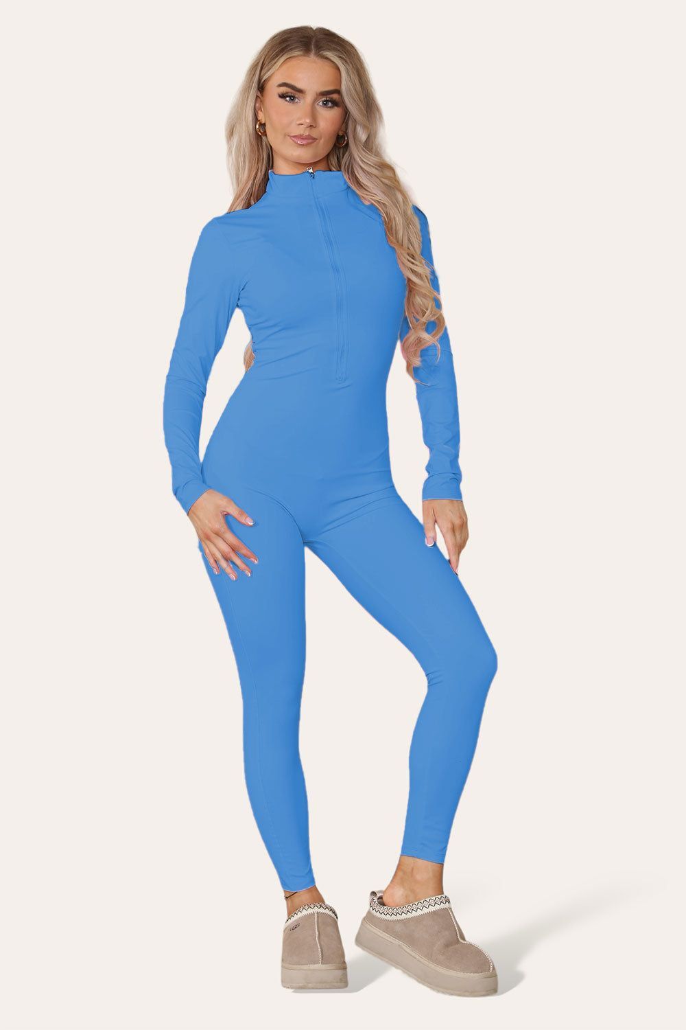 Ribbed High Neck Zipper Collar Jumpsuit Front Unitard Set