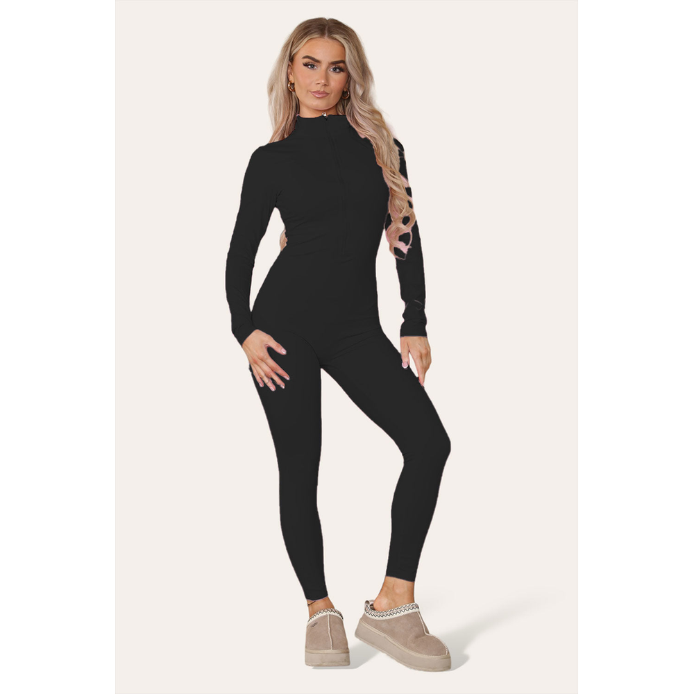 Ribbed High Neck Zipper Collar Jumpsuit Front Unitard Set