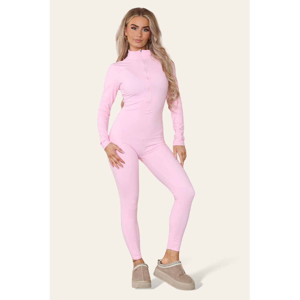 Ribbed High Neck Zipper Collar Jumpsuit Front Unitard Set