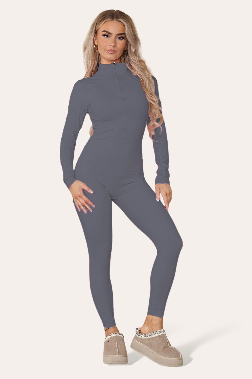 Ribbed High Neck Zipper Collar Jumpsuit Front Unitard Set