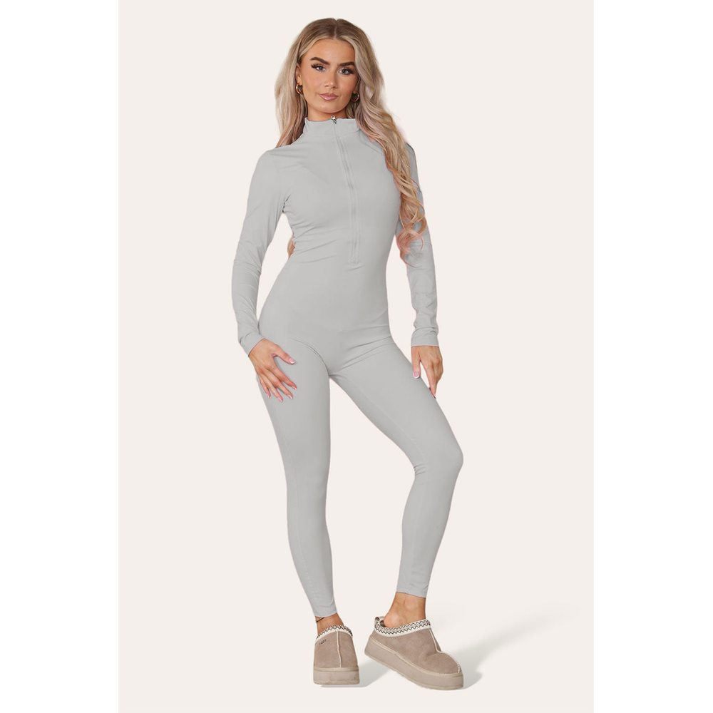 Ribbed High Neck Zipper Collar Jumpsuit Front Unitard Set