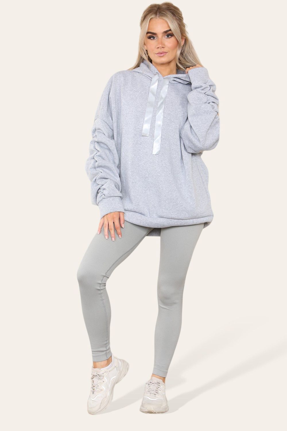 Oversized Ruched Sleeves Hoodie With Satin Ribbon with High Waist High Rise Seamless Ribbed Legging Set