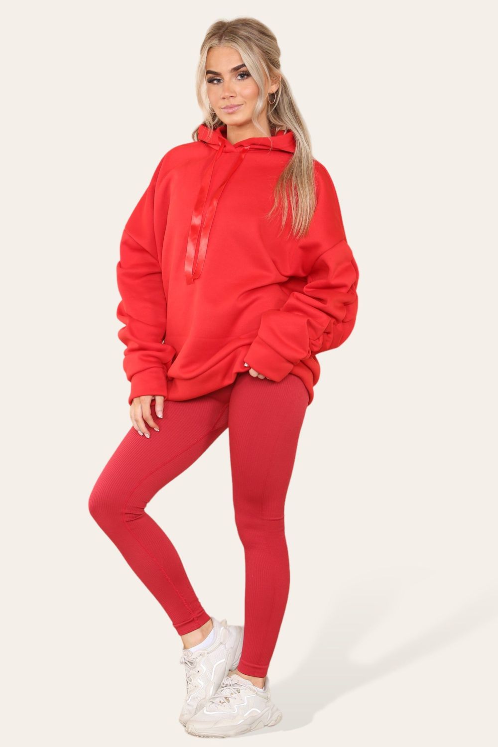 Oversized Ruched Sleeves Hoodie With Satin Ribbon with High Waist High Rise Seamless Ribbed Legging Set