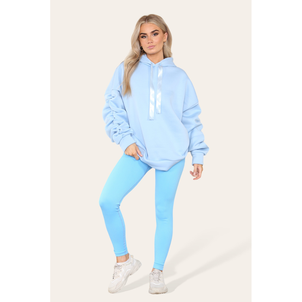 Oversized Ruched Sleeves Hoodie With Satin Ribbon with High Waist High Rise Seamless Ribbed Legging Set