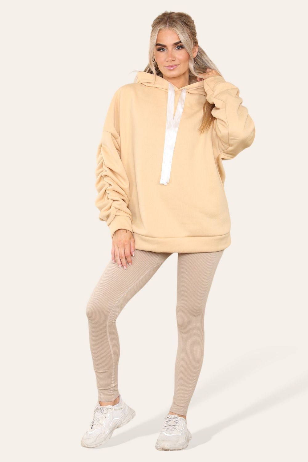 Oversized Ruched Sleeves Hoodie With Satin Ribbon with High Waist High Rise Seamless Ribbed Legging Set