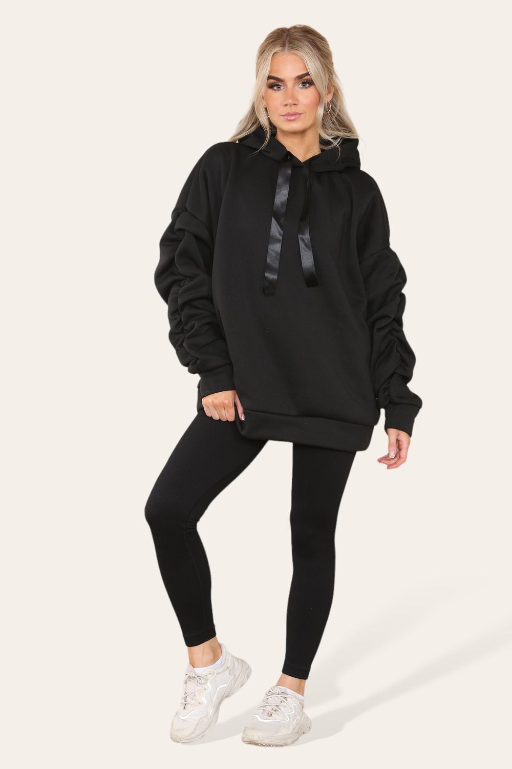 Oversized Ruched Sleeves Hoodie With Satin Ribbon with High Waist High Rise Seamless Ribbed Legging Set