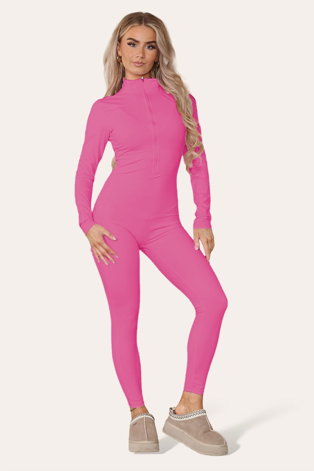 Ribbed High Neck Zipper Collar Jumpsuit Front Unitard Set