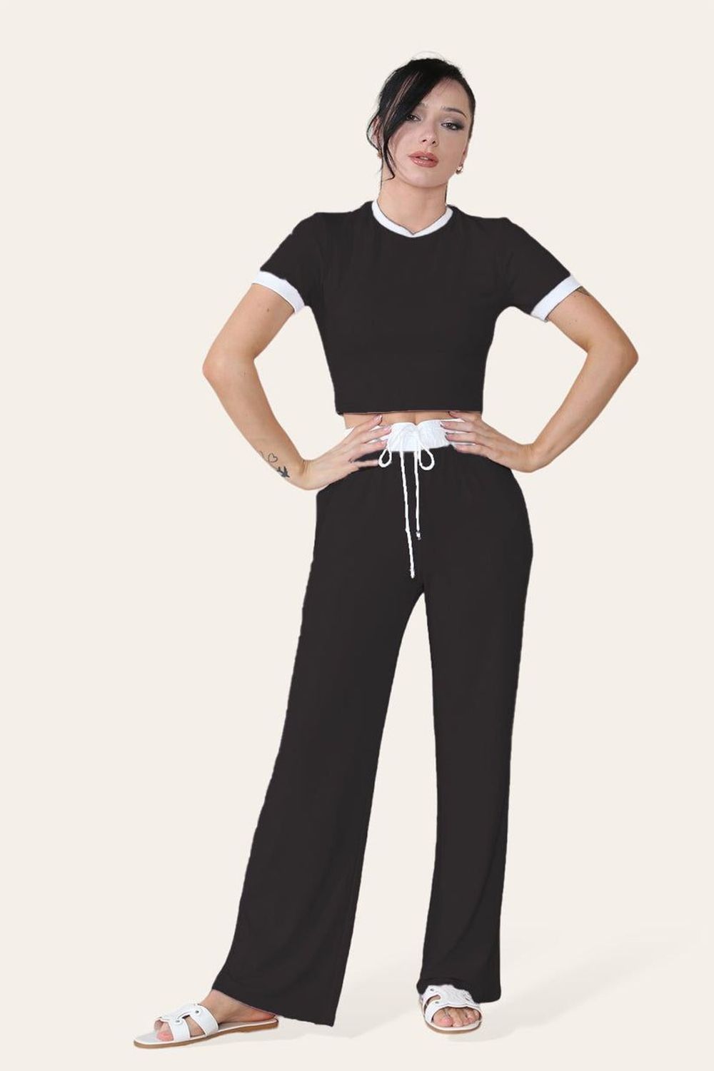 Ribbed Contrast Wide Leg Flared Trousers And Top Loungewear TRS Cropped Set