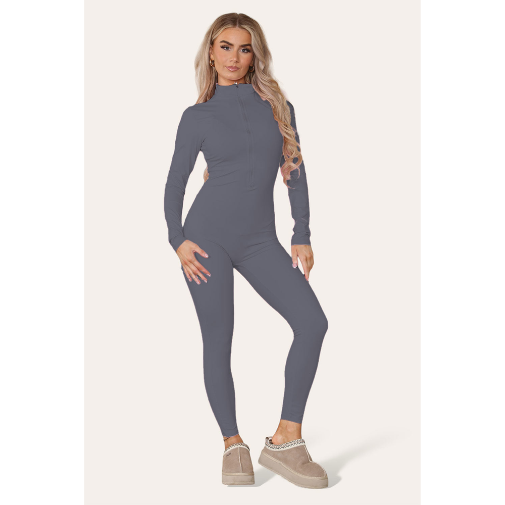 Ribbed High Neck Zipper Collar Jumpsuit Front Unitard Set