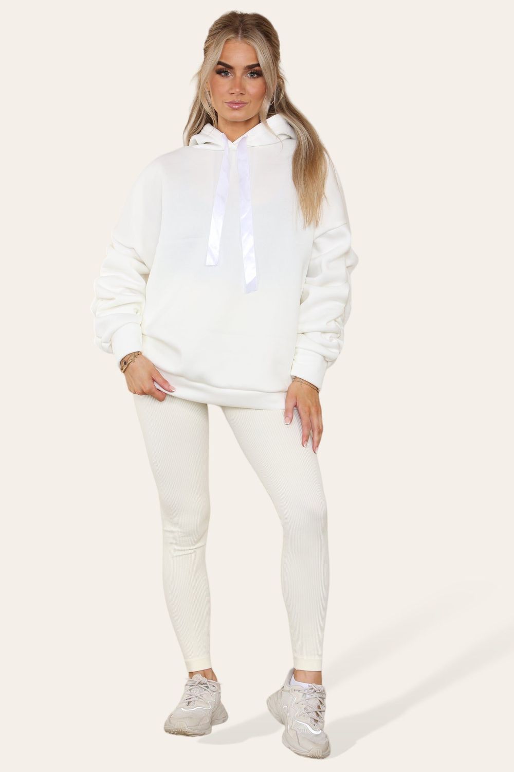 Oversized Ruched Sleeves Hoodie With Satin Ribbon with High Waist High Rise Seamless Ribbed Legging Set