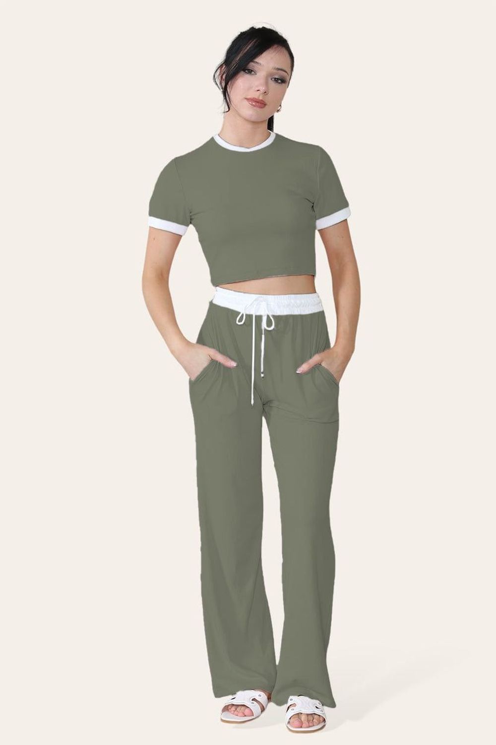 Ribbed Contrast Wide Leg Flared Trousers And Top Loungewear TRS Cropped Set