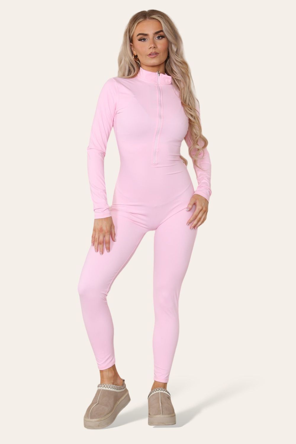 Ribbed High Neck Zipper Collar Jumpsuit Front Unitard Set