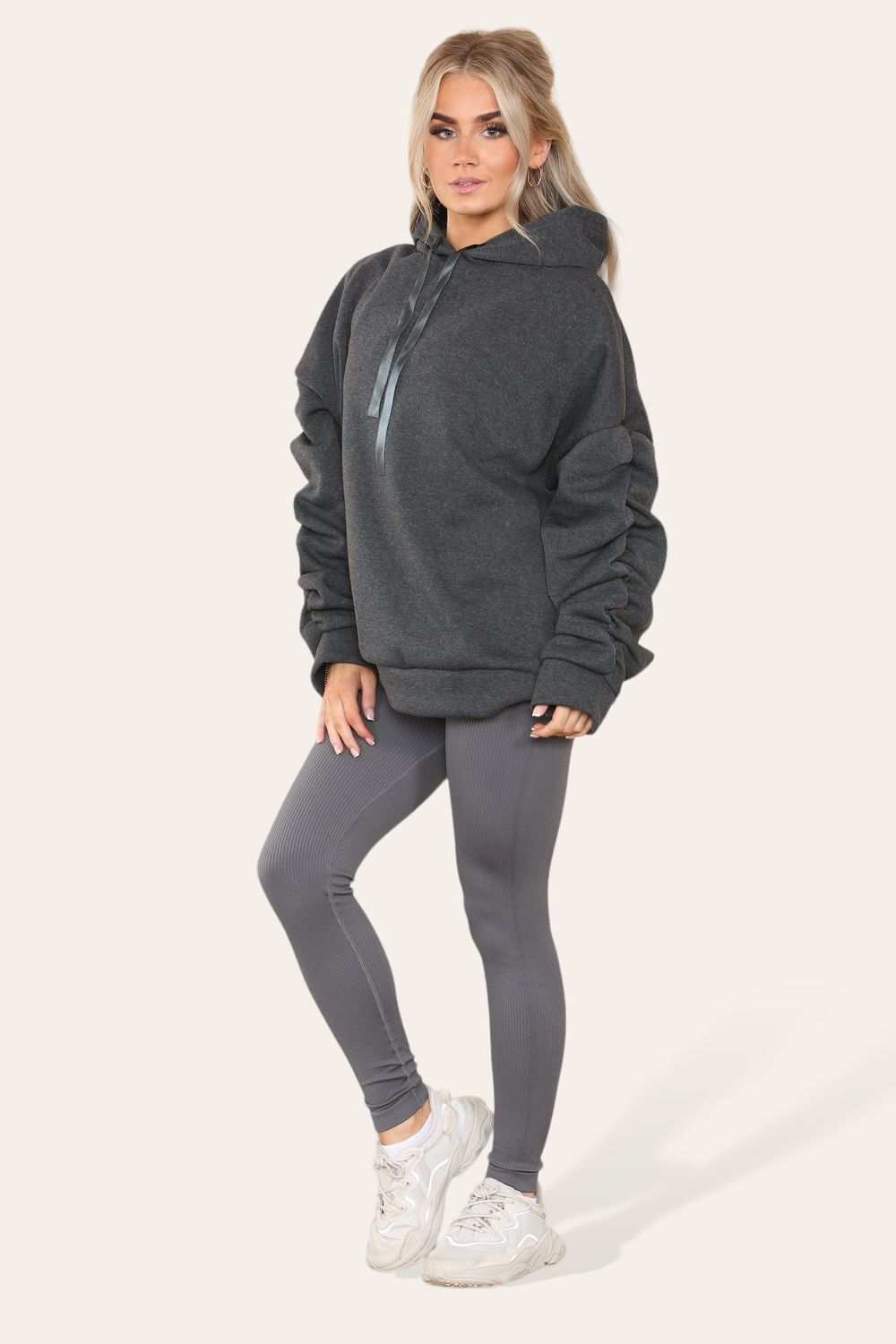 Oversized Ruched Sleeves Hoodie With Satin Ribbon with High Waist High Rise Seamless Ribbed Legging Set