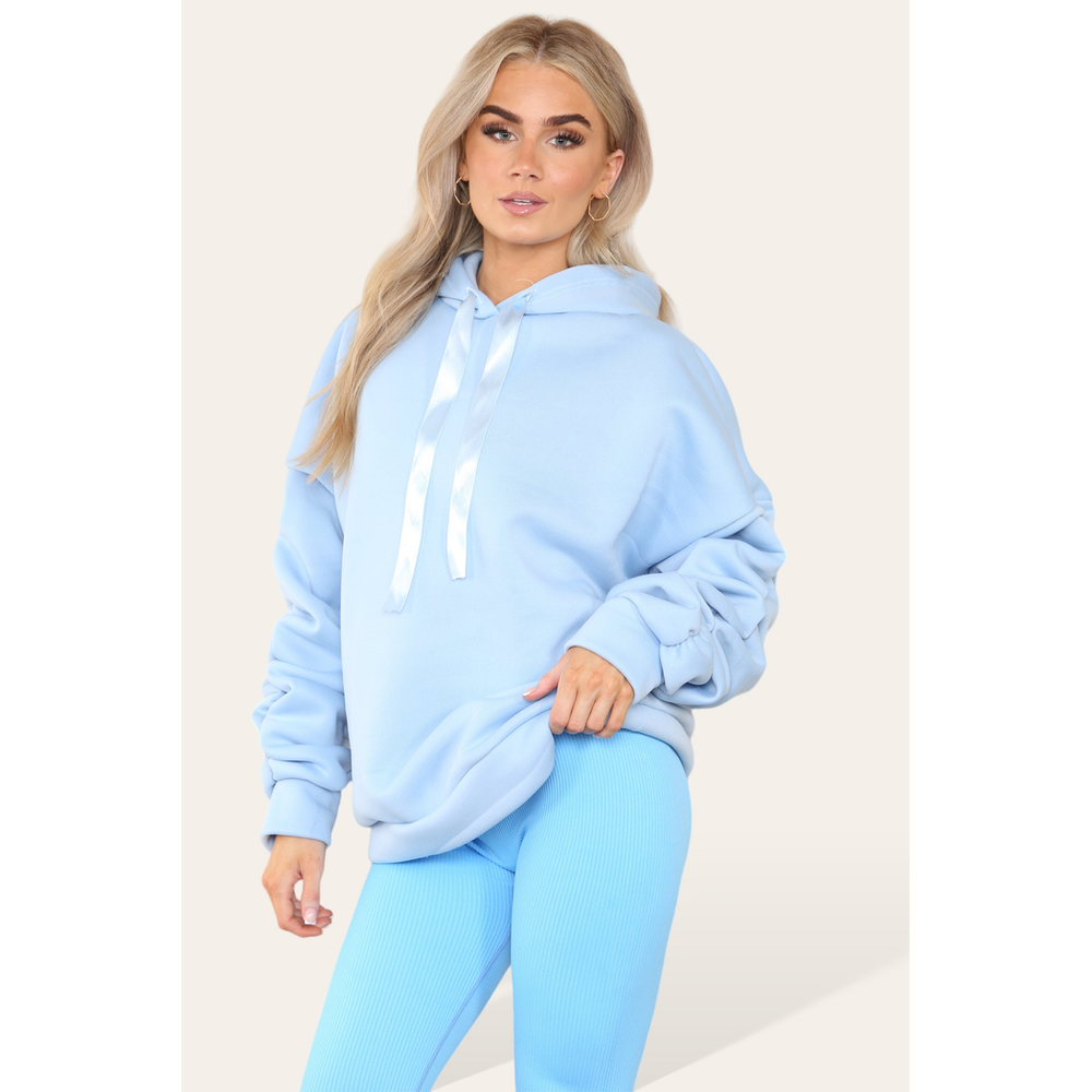 Oversized Ruched Sleeves Hoodie With Satin Ribbon with High Waist High Rise Seamless Ribbed Legging Set