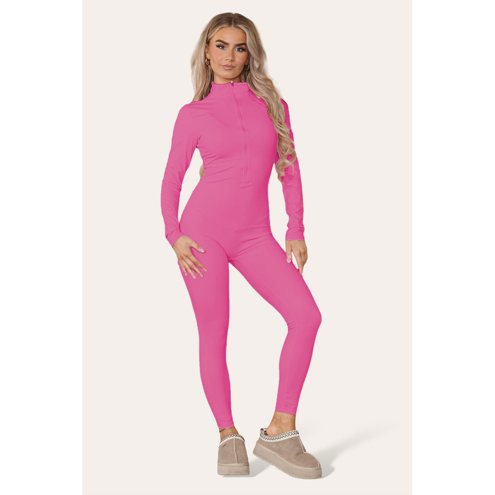 Ribbed High Neck Zipper Collar Jumpsuit Front Unitard Set