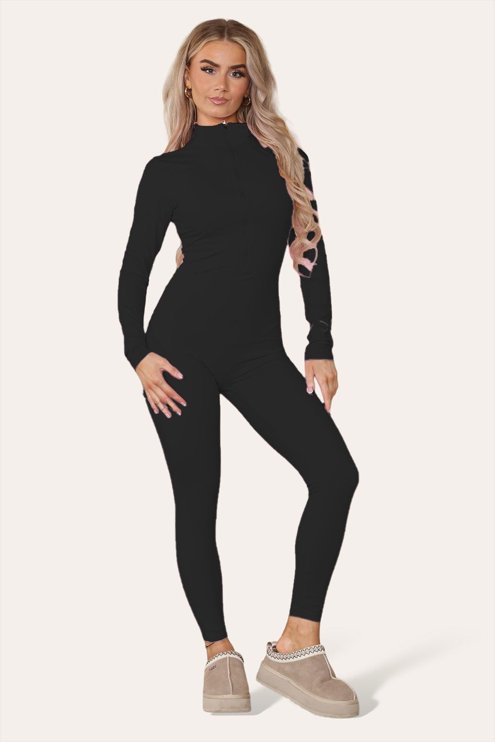 Ribbed High Neck Zipper Collar Jumpsuit Front Unitard Set