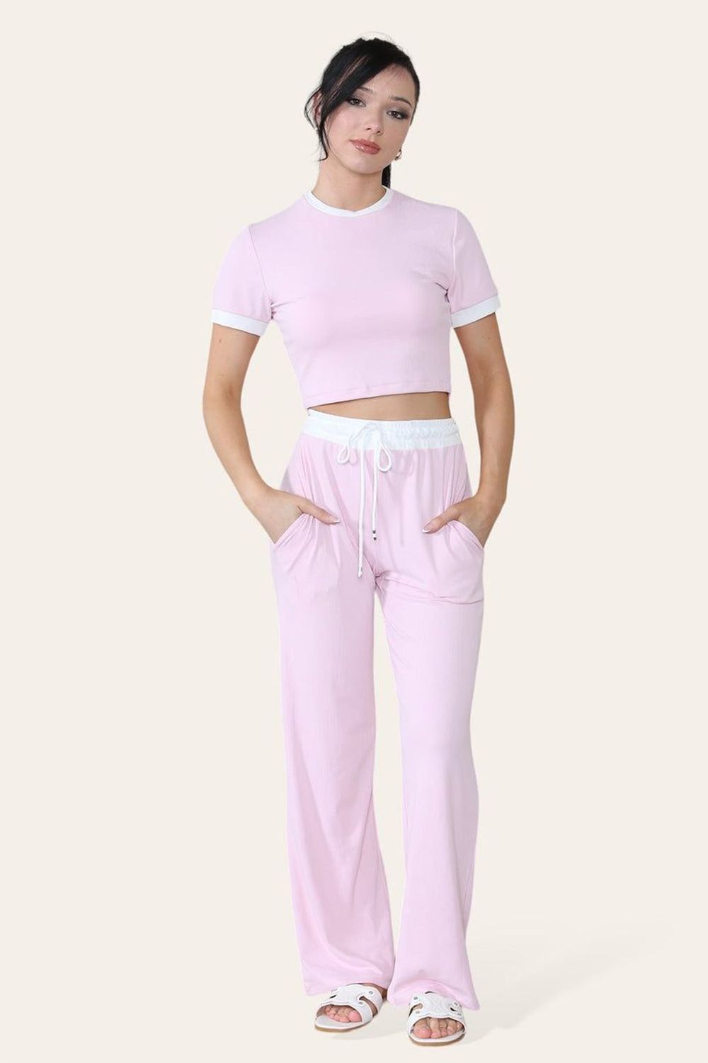 Ribbed Contrast Wide Leg Flared Trousers And Top Loungewear TRS Cropped Set