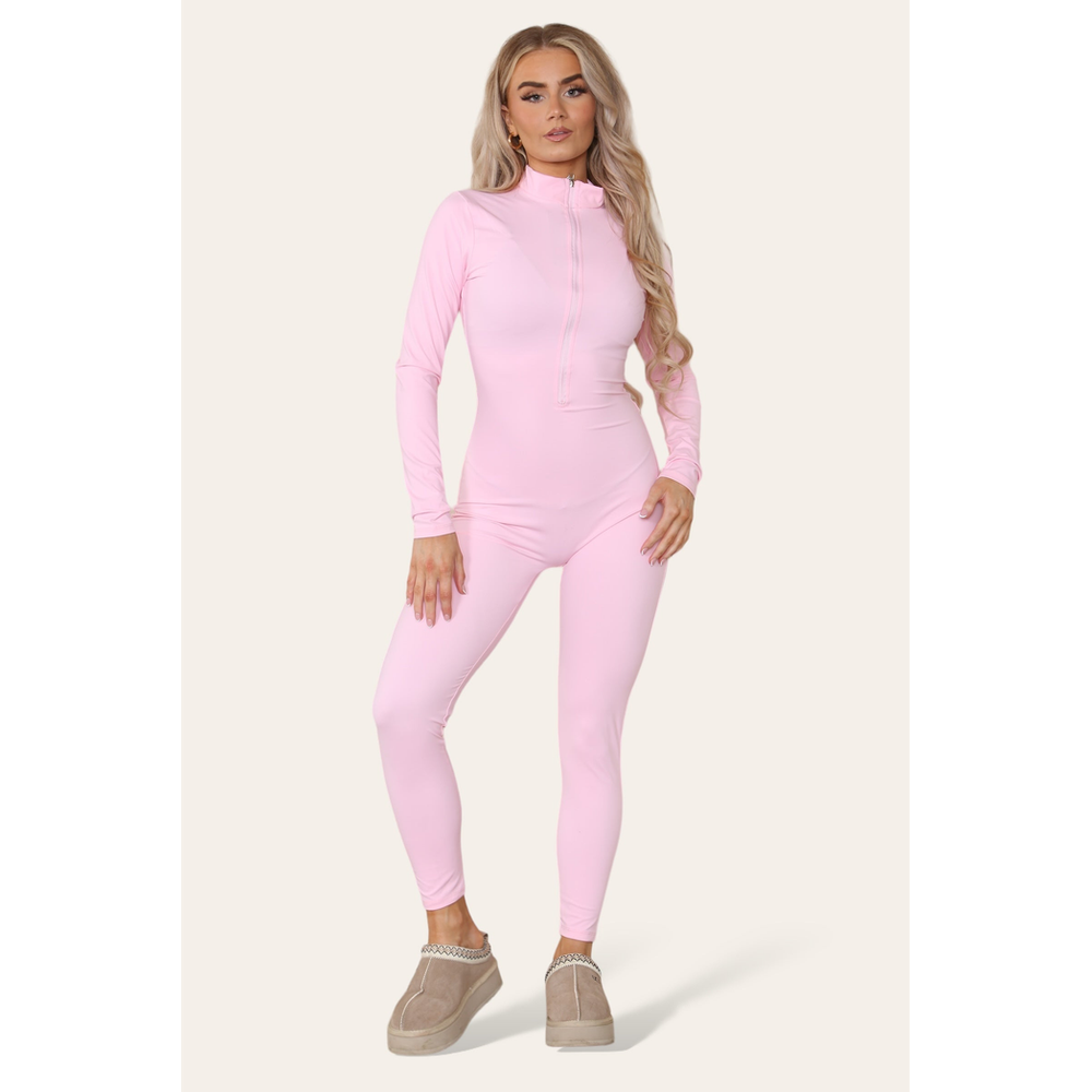 Ribbed High Neck Zipper Collar Jumpsuit Front Unitard Set