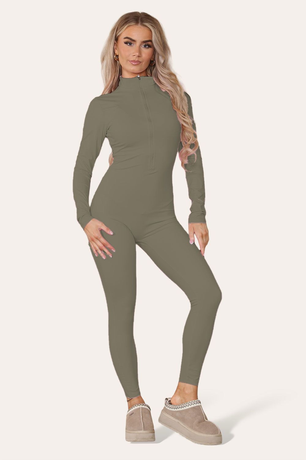 Ribbed High Neck Zipper Collar Jumpsuit Front Unitard Set