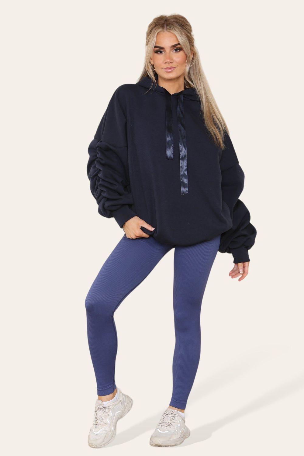 Oversized Ruched Sleeves Hoodie With Satin Ribbon with High Waist High Rise Seamless Ribbed Legging Set