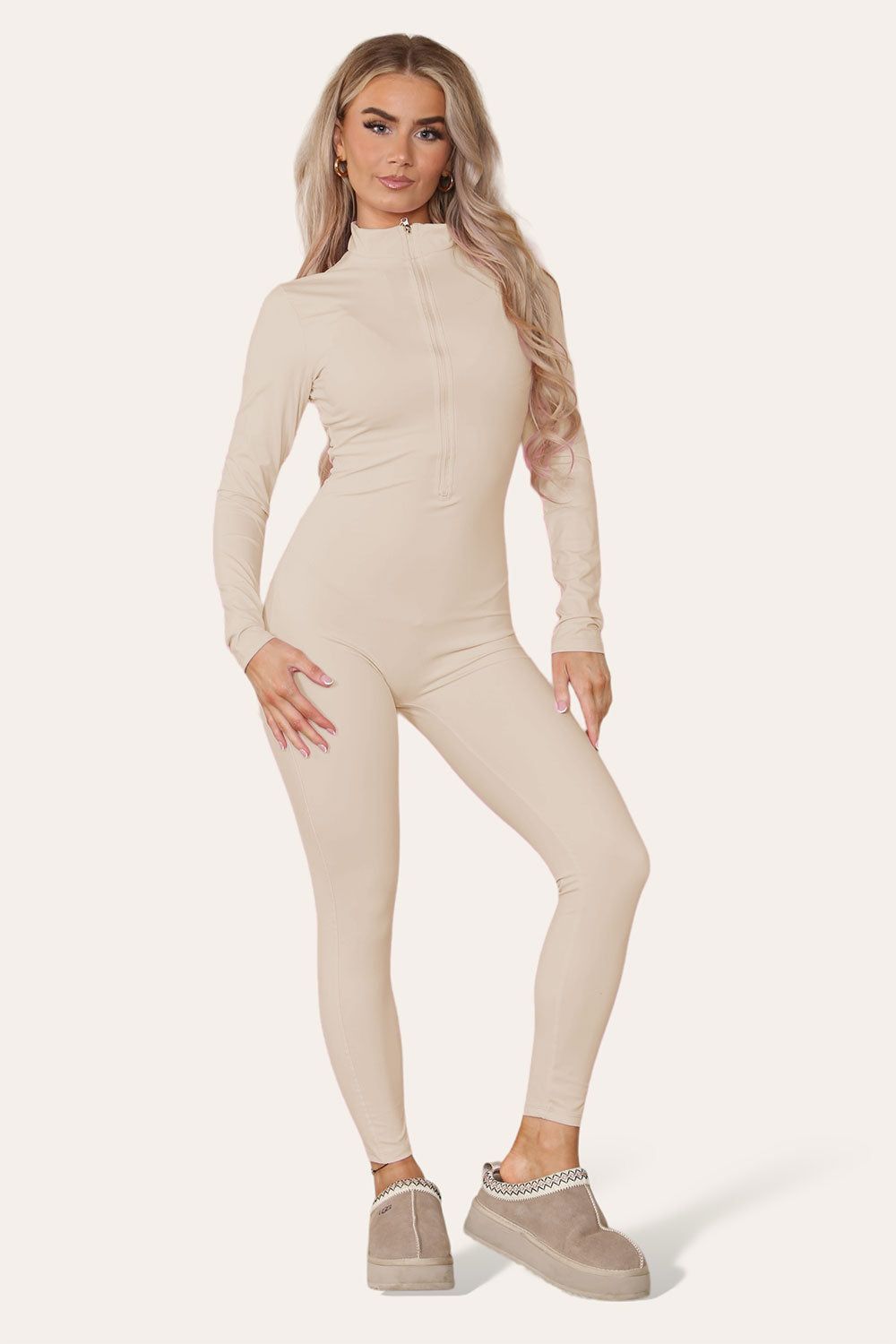 Ribbed High Neck Zipper Collar Jumpsuit Front Unitard Set