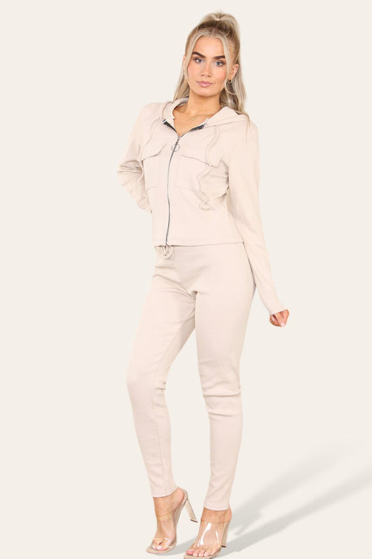 Front Pocket Zip Suit Ribbed Hooded Lounge Wear Set